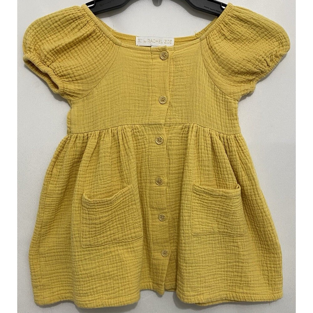 RZ Rachel Zoe Toddler Girls 3T Mustard Gauze Puff Sleeve Button Front Dres